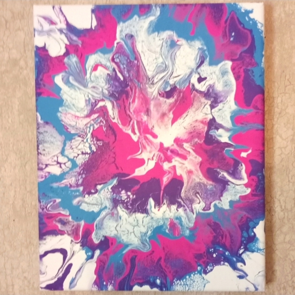 Pink purple blue white handpainted acrylic paint pour 8x10 canvas geode art new